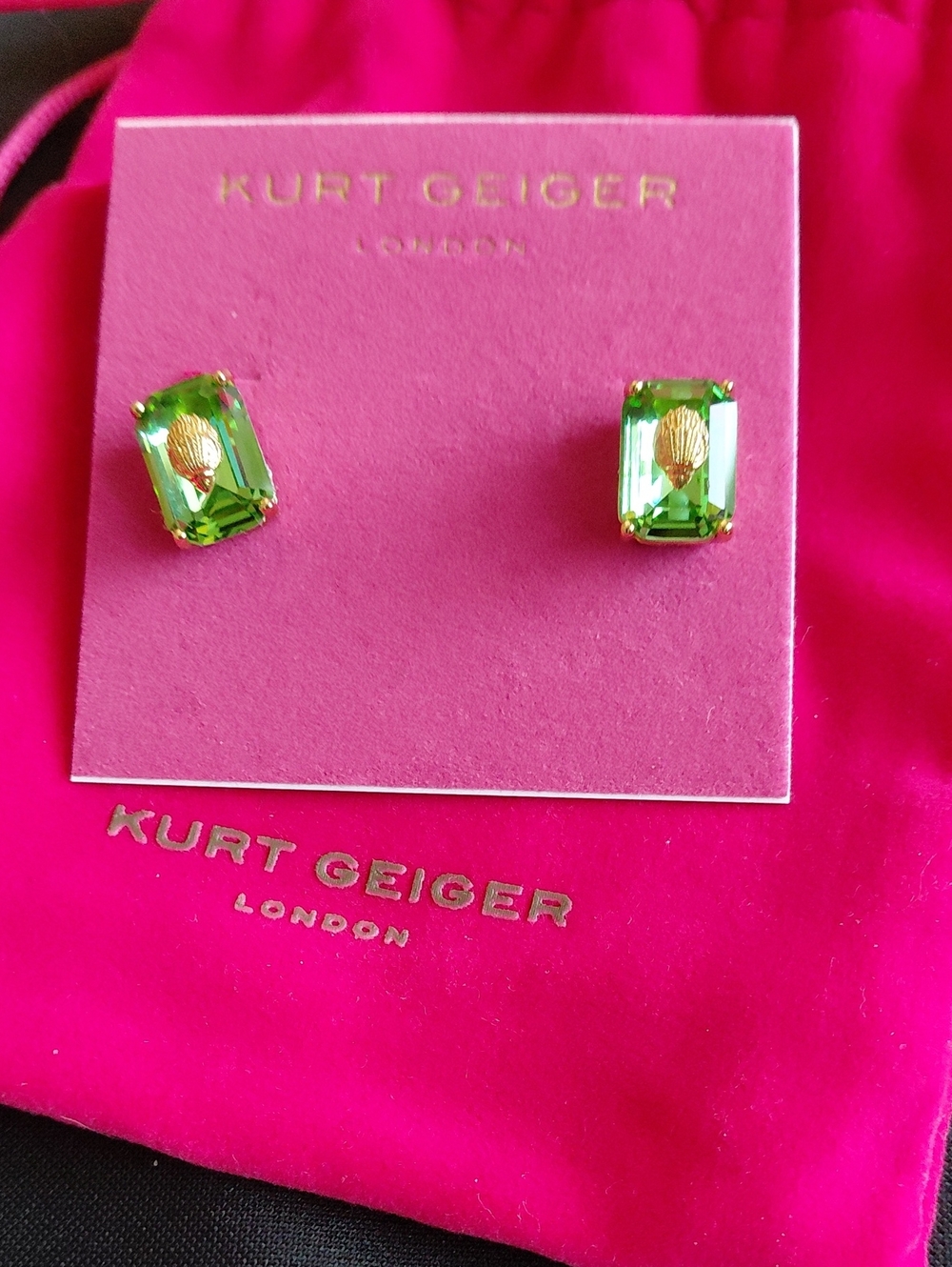 Kurt Geiger London Emerald Green Crystal Stud Earrings with Eagle